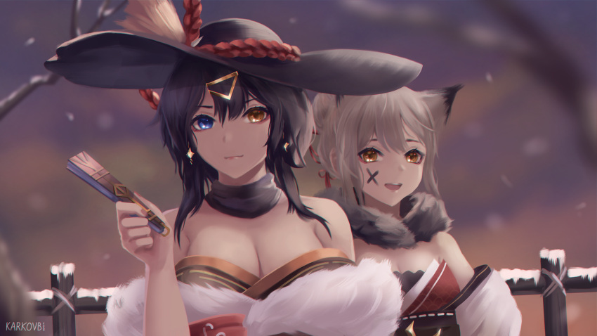 2girls animal_ears artist_name azur_lane bare_shoulders black_hair black_headwear blue_eyes breasts brown_eyes cleavage earrings english_commentary facial_mark folded_fan folding_fan fur-trimmed_kimono fur_scarf fur_trim georgia_(azur_lane) georgia_(exalted_vibrance)_(azur_lane) grey_hair hand_fan hat heterochromia highres holding holding_fan japanese_clothes jewelry karkovb152 kimono large_breasts mixed-language_commentary multiple_girls new_year official_alternate_costume snow suzutsuki_(azur_lane) suzutsuki_(suzutsuki_hanetsuki_adept!)_(azur_lane) upper_body