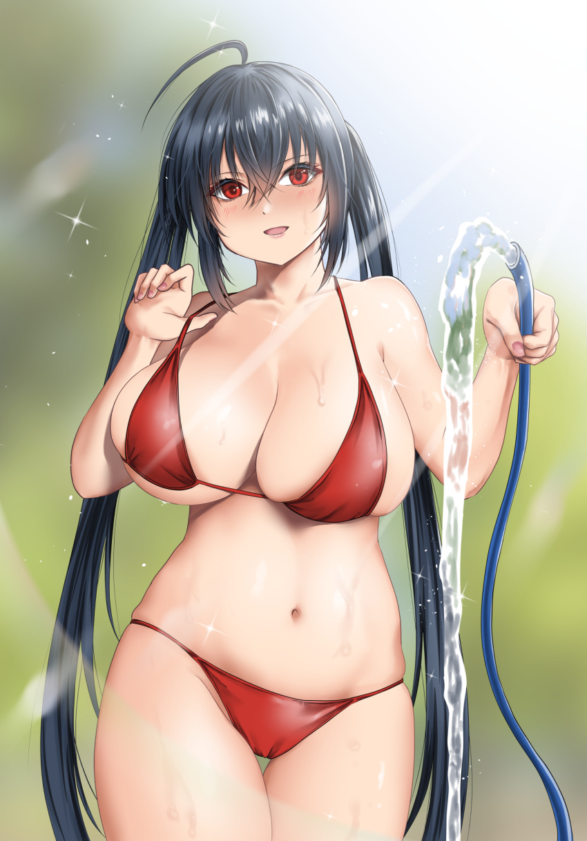 alternate_costume azur_lane bikini black_hair breasts female haru_(hr_works) highres holding holding_hose hose huge_breasts long_hair pulling_own_clothes red_bikini red_eyes skindentation solo strap_pull swimsuit taihou_(azur_lane) thigh_gap twintails very_long_hair