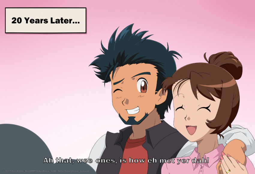 1boy arm_around_shoulder beard black_hair brown_eyes brown_hair closed_eyes collared_jacket collared_shirt facial_hair female hair_bun happy if_they_mated jewelry married older one_eye_closed pink_shirt pokemon pokemon_(anime) pokemon_(game) pokemon_swsh ring sakura_araragi satoshi_(pokemon) scottish_english_text shirt silhouette spiked_hair translated wedding_ring yuuri_(pokemon)