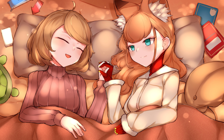 2girls :d absurdres ahoge andou_inari andou_inari_official animal_ear_fluff animal_ears arrow_(symbol) bed_sheet blue_eyes breasts brown_hair brown_sweater cellphone chinese_commentary choumi_wuti_(xueye_fanmang_zhong) closed_eyes closed_mouth commentary fox_ears highres holding_hands jacket long_hair long_sleeves lying medium_breasts multiple_girls nijisanji on_back on_side open_mouth phone pillow ribbed_sweater smile sweater tian_xixi under_covers virtual_youtuber virtuareal white_jacket xuefeng_creative_production