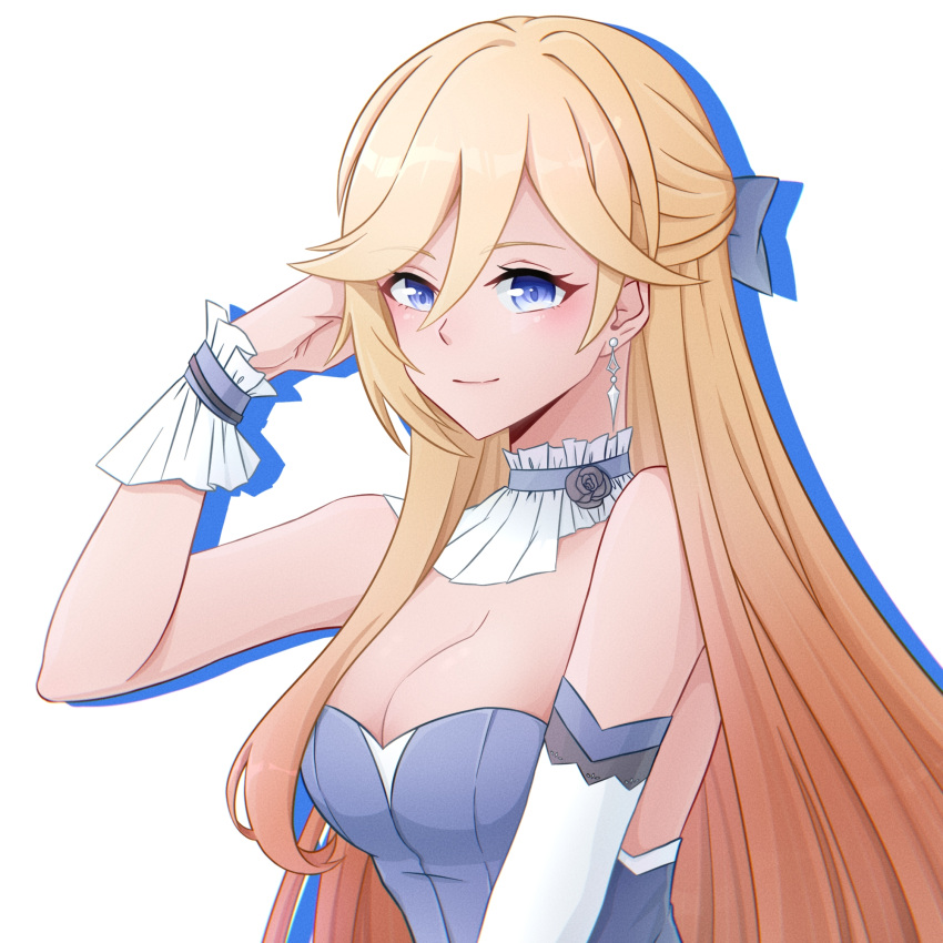 bianka_durandal_ataegina blonde_hair blue_dress blue_eyes bow breasts cleavage closed_mouth dress earrings elbow_gloves female gloves hair_between_eyes hairbow highres honkai_(series) honkai_impact_3rd jewelry jzyy299 long_hair looking_at_viewer simple_background single_glove smile solo strapless strapless_dress white_background white_gloves