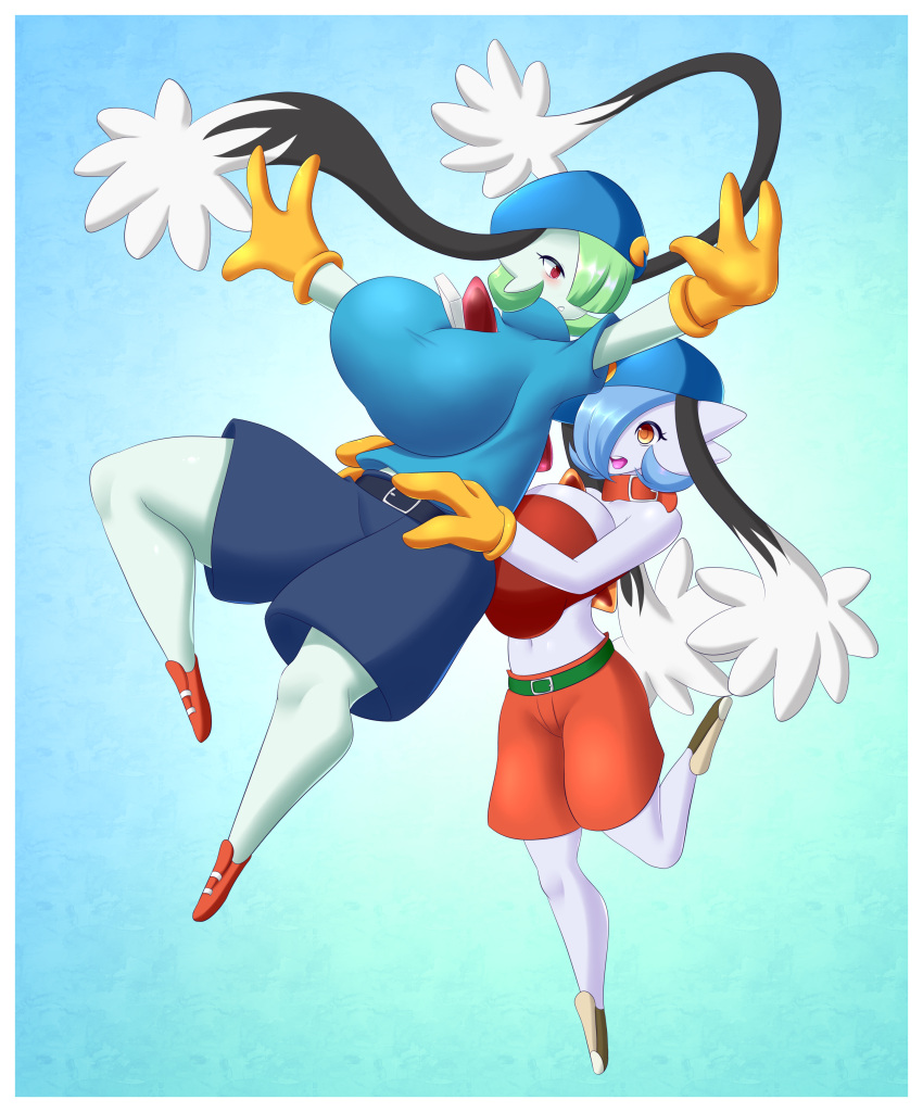 absurd_res bandai_namco big_breasts blue_clothing blue_hair blush border breasts clothed clothing cosplay duo fan_character female footwear fur gardevoir generation_3_pokemon hair hat headgear headwear hi_res huge_breasts humanoid jcdr klonoa klonoa_(series) looking_at_another lucy_(jcdr) mammal midriff multicolored_body multicolored_fur navel nintendo not_furry nougat_(character) open_mouth orange_eyes pokemon pokemon_(species) red_clothing shiny_pokemon simple_background smile white_border yellow_clothing