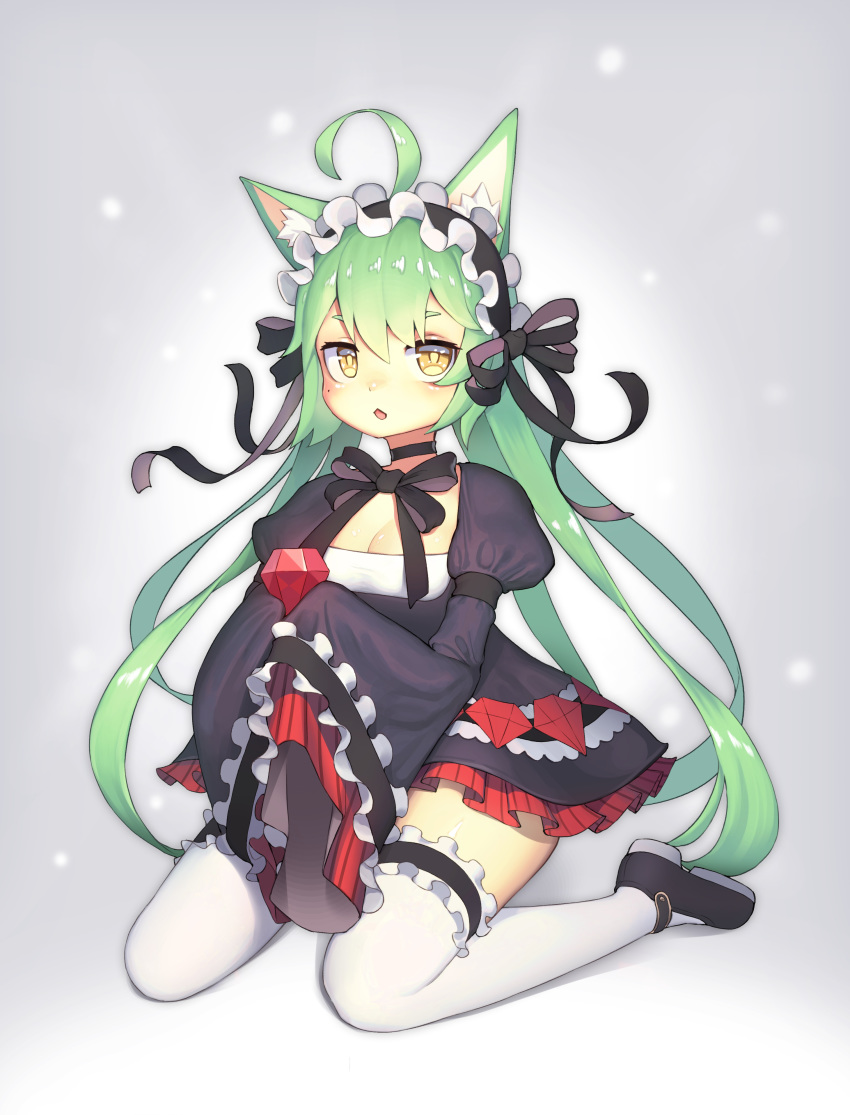 absurdres ahoge akashi_(azur_lane) akashi_(the_black_cat_cometh!)_(azur_lane) animal_ears azur_lane bad_id bad_pixiv_id black_bow bow cat_ears choker female gem gem_(azur_lane) green_hair hair_between_eyes highres holding lolita_fashion mole mole_under_eye official_alternate_costume pepper0 red_gemstone ribbon_choker sleeves_past_fingers sleeves_past_wrists solo thighhighs