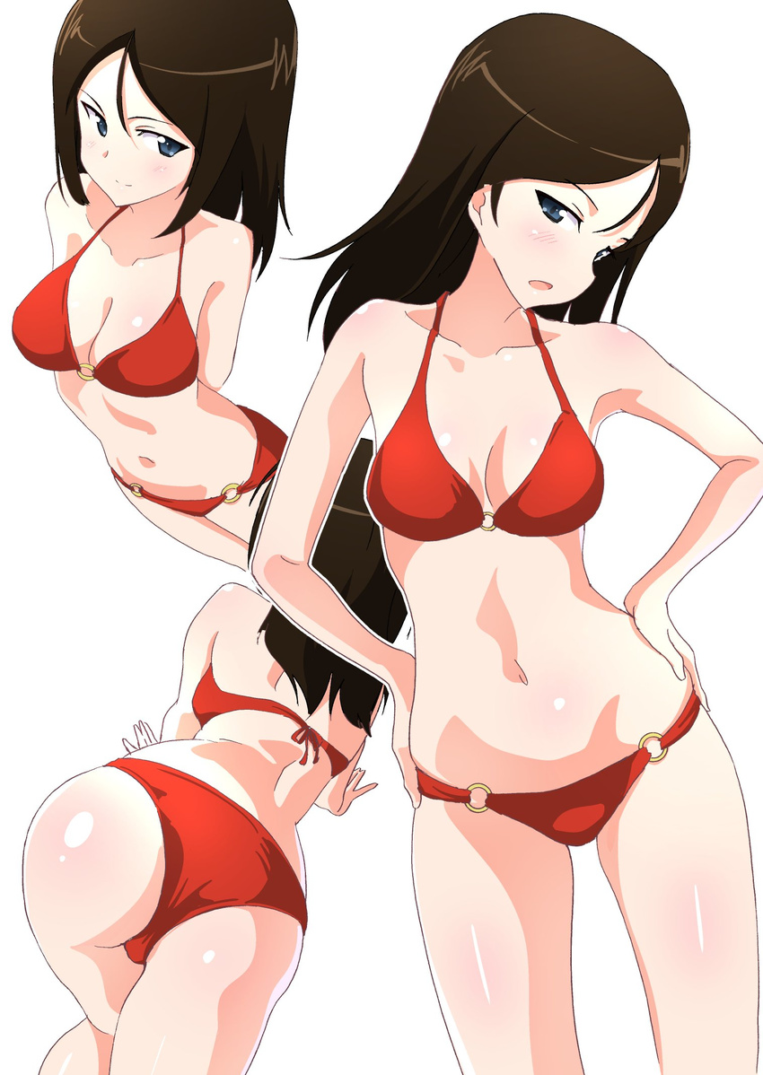 ass bad_id bad_twitter_id bare_arms bare_shoulders bikini black_hair blue_eyes body_blush breasts closed_mouth female gin'you_haru girls_und_panzer hands_on_own_hips highres inactive_account light_smile long_hair looking_at_viewer medium_breasts multiple_views navel nonna_(girls_und_panzer) o-ring o-ring_bikini o-ring_bottom o-ring_top red_bikini simple_background stomach swimsuit white_background