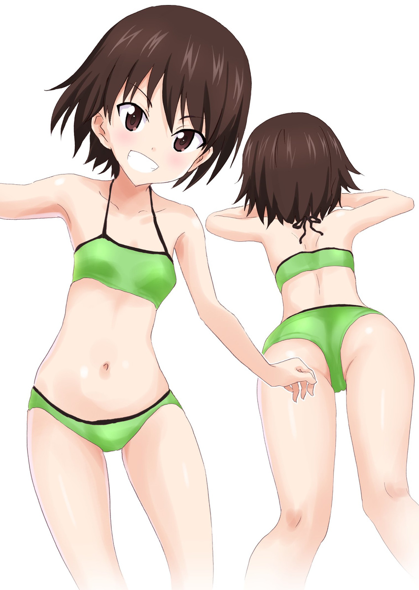 ass bad_id bad_twitter_id bare_arms bare_legs bare_shoulders bikini breasts brown_eyes brown_hair cameltoe female from_behind gin'you_haru girls_und_panzer green_bikini grin halterneck highres inactive_account isobe_noriko looking_at_viewer multiple_views navel short_hair simple_background small_breasts smile stomach swimsuit white_background