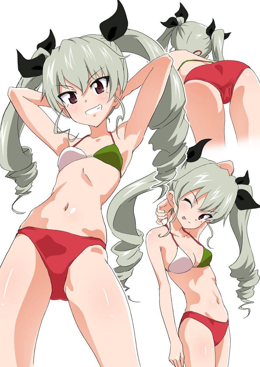 ;p anchovy_(girls_und_panzer) arm_at_side arm_behind_back arms_behind_head arms_up ass bad_id bad_twitter_id bare_arms bare_shoulders bent_over black_ribbon breasts brown_eyes drill_hair female gin'you_haru girls_und_panzer green_hair grin hair_ribbon highres inactive_account italian_flag_bikini long_hair looking_at_viewer multiple_views navel one_eye_closed ribbon simple_background small_breasts smile stomach tongue tongue_out twin_drills white_background