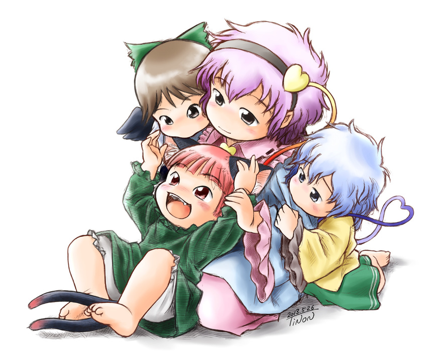 4girls aged_down animal_ears black_wings brown_hair cat_ears cat_tail chinon commentary_request dress green_dress green_skirt grey_hair hairband heart heart_of_string kaenbyou_rin kneeling knees_up komeiji_koishi komeiji_satori lap_pillow long_sleeves multiple_girls painttool_sai_(medium) pink_eyes pink_hair red_hair reiuji_utsuho seiza shirt sitting sitting_on_lap sitting_on_person skirt tail touhou wide_sleeves wings