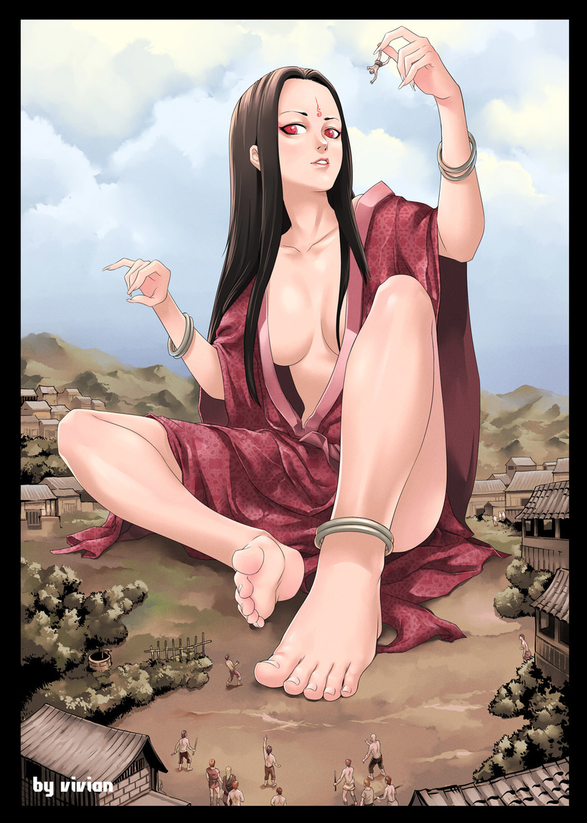 bangle barefoot black_hair bracelet breasts cleavage cloud feet fence fingernails giantess gtsvivian jewelry large_breasts long_fingernails long_hair looking_at_viewer loose_clothing miniboy mountain mountains original red_eyes sitting sky soles solo stick toes tree village villager well