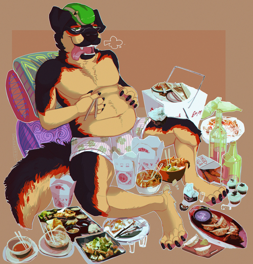 2017 4_toes 5_fingers anthro beverage biped bloated briefs canid canine canis claws clothing digitigrade domestic_dog feet fingers food hi_res jeanwoof looking_at_viewer male mammal open_mouth orange_background overweight overweight_anthro overweight_male pattern_clothing pattern_underwear reclining simple_background sitting slim smile solo stuffing toe_claws toes tongue tongue_out underwear