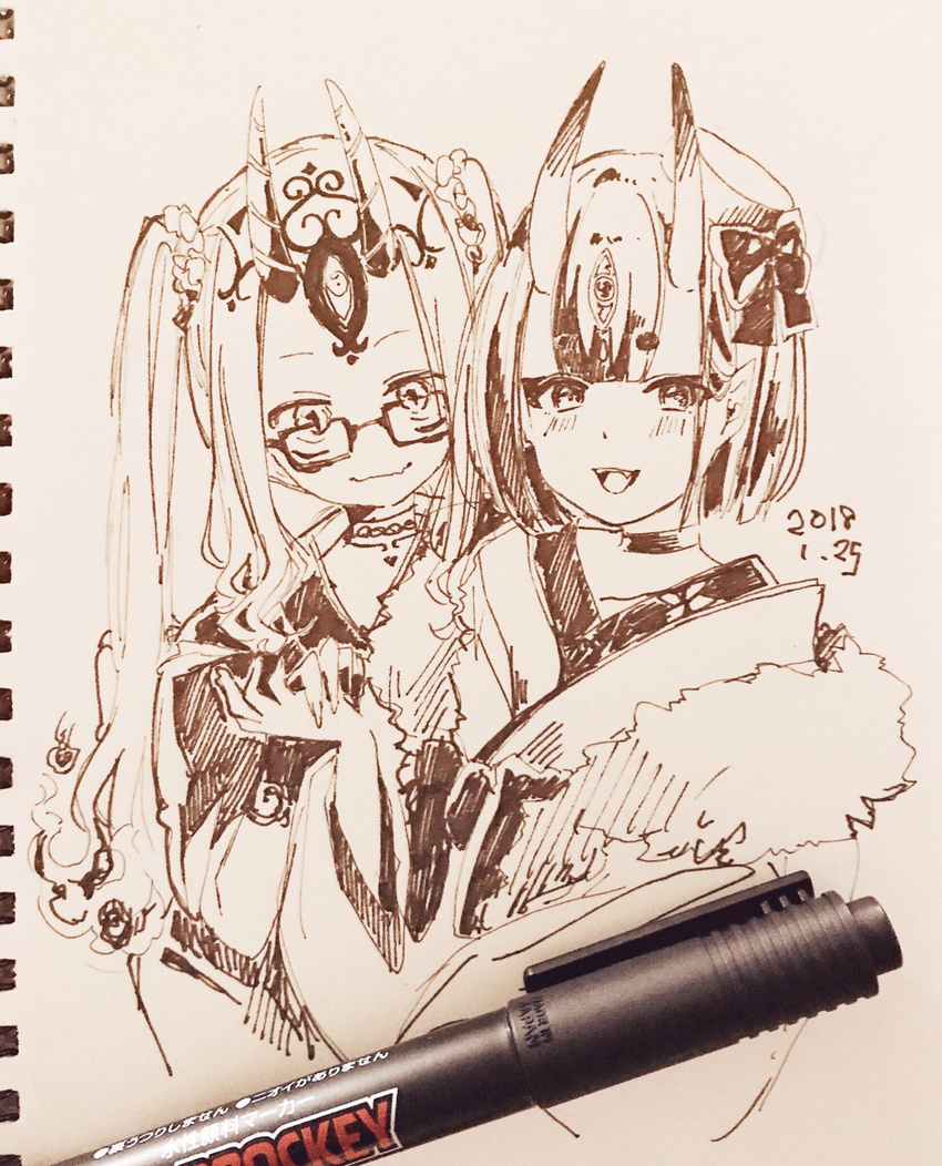 2girls :d blush closed_mouth commentary_request dated facial_mark fang_out fate/grand_order fate_(series) glasses graphite_(medium) head_tilt highres holding_hands horns ibaraki_douji_(dress_for_demons)_(fate) ibaraki_douji_(fate) long_hair looking_at_viewer monochrome multiple_girls oerba_yun_fang oni open_mouth sepia short_hair shuten_douji_(dress_for_demons)_(fate) shuten_douji_(fate) skin-covered_horns smile sofra traditional_media twintails