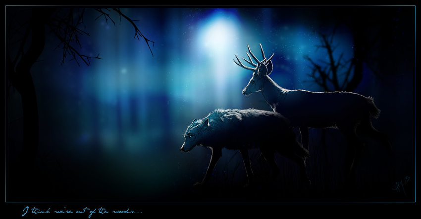 2013 ambiguous_gender antlers black_eyes blue_eyes blue_theme canid canine canis deer detailed_background duo ears_back feral forest horn male mammal nature night novawuff outside pivoted_ears plant side_view tree walking wolf