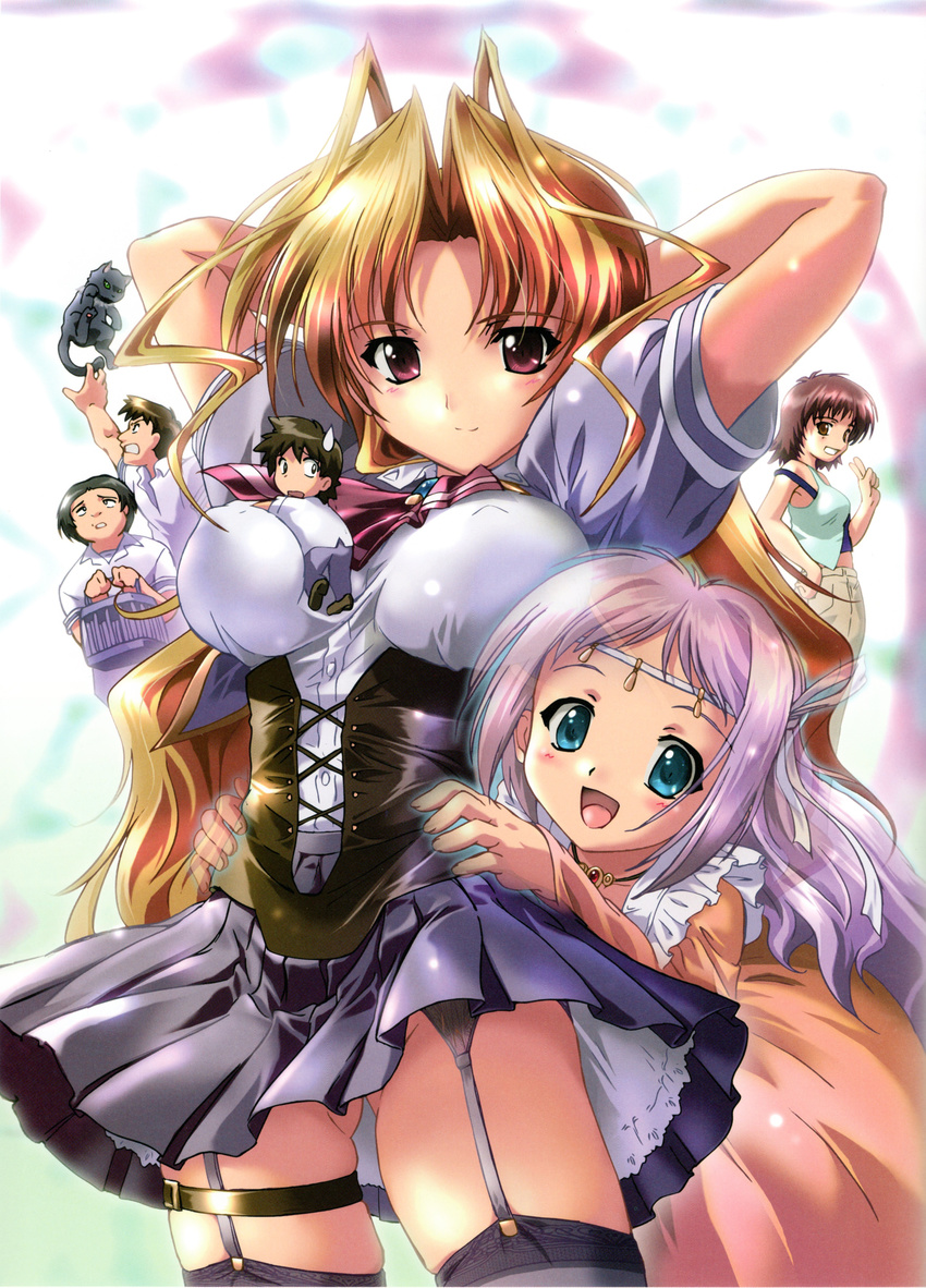 3boys 3girls :d absurdres aoi_academy_school_uniform arms_up black_legwear blue_eyes blush breasts brown_hair character_request chibi corset covered_nipples cowboy_shot feline garter_straps groin hair_intakes highres kazetsubaki_kuriko komatsu_eiji large_breasts looking_at_viewer maburaho multiple_boys multiple_girls no_panties open_mouth panties pink_panties purple_hair school_uniform shikimori_kazuki skindentation skirt smile standing sweatdrop tareme thigh_strap thighhighs underbust underwear