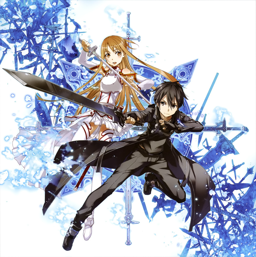 1boy absurdres armor armpits asuna_(sao) axe bare_shoulders battle_axe black_eyes black_gloves black_hair breastplate brown_eyes brown_hair bunbun dagger dark_repulser detached_sleeves dress elucidator female fingerless_gloves gloves hammer highres holding holding_sword holding_weapon kirito knife knights_of_blood_uniform_(sao) lambent_light liberator_(sao) long_hair looking_at_viewer mace miniskirt multiple_swords multiple_weapons official_art open_mouth pleated_skirt rapier shield skirt smile sword sword_art_online thighhighs thighs unsheathed very_long_hair war_hammer weapon white_armor white_dress white_footwear white_skirt white_thighhighs