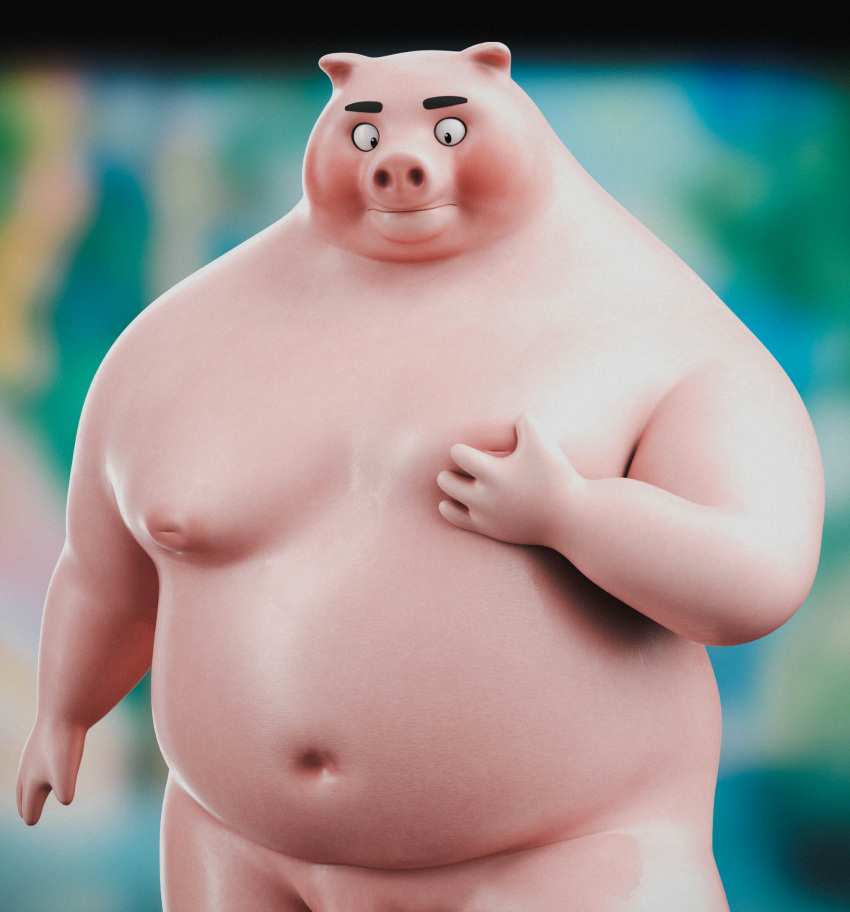 3d_(artwork) anthro belly biidox breasts digital_media_(artwork) domestic_pig hi_res inverted_nipples male mammal navel nipples overweight overweight_male solo suid suina sus_(pig) touching_chest