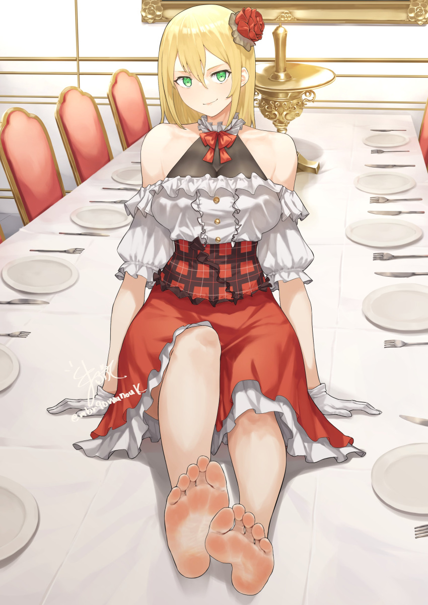 absurdres bare_legs bare_shoulders barefoot black_undershirt blonde_hair bow breasts center_frills choker dining_room feet female flower foot_focus fork frilled_choker frilled_shirt frills full_body gloves green_eyes hair_between_eyes hair_flower hair_ornament highres indoors large_breasts long_hair looking_at_viewer mbr90munouk off-shoulder_shirt off_shoulder original plaid_clothes plate puffy_short_sleeves puffy_sleeves red_bow red_flower red_skirt shirt short_sleeves signature sitting sitting_on_table skirt smile soles solo table_knife toes twitter_username white_choker white_gloves white_shirt