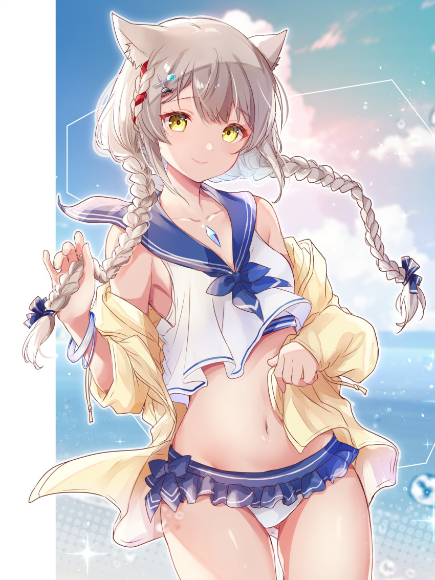 alternate_hairstyle animal_ears bikini bikini_skirt braid breasts cat_ears chest_jewel female frilled_bikini frills grey_hair highres jacket looking_at_viewer low_twin_braids mio_(xenoblade) neckerchief official_alternate_hair_length official_alternate_hairstyle school_uniform serafuku swimsuit twin_braids ui_frara white_bikini xenoblade_chronicles_(series) xenoblade_chronicles_3 yellow_eyes