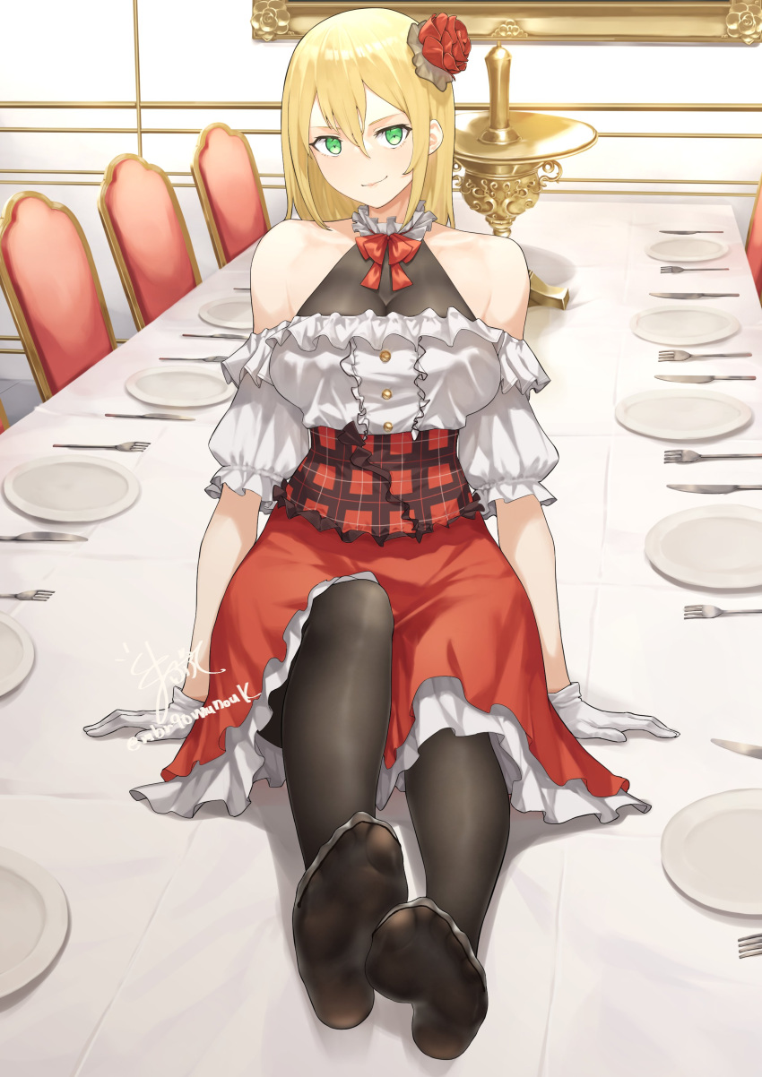 absurdres bare_shoulders black_pantyhose black_undershirt blonde_hair bow breasts center_frills choker dining_room feet female flower foot_focus fork frilled_choker frilled_shirt frills full_body gloves green_eyes hair_between_eyes hair_flower hair_ornament highres indoors large_breasts long_hair looking_at_viewer mbr90munouk off-shoulder_shirt off_shoulder original pantyhose plaid_clothes plate puffy_short_sleeves puffy_sleeves red_bow red_flower red_skirt shirt short_sleeves signature sitting sitting_on_table skirt smile soles solo table_knife toe_seam toes twitter_username white_choker white_gloves white_shirt