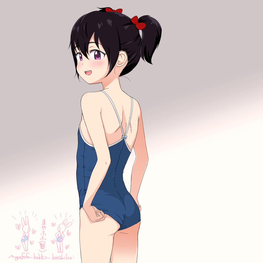 :d absurdres adjusting_clothes adjusting_swimsuit ass bare_arms bare_shoulders black_hair blue_one-piece_swimsuit blush bow female from_behind gradient_background grey_background hair_between_eyes hairbow highres looking_at_viewer looking_back mayafufu one-piece_swimsuit original purple_eyes red_bow school_swimsuit smile solo swimsuit teeth twintails upper_teeth_only white_background