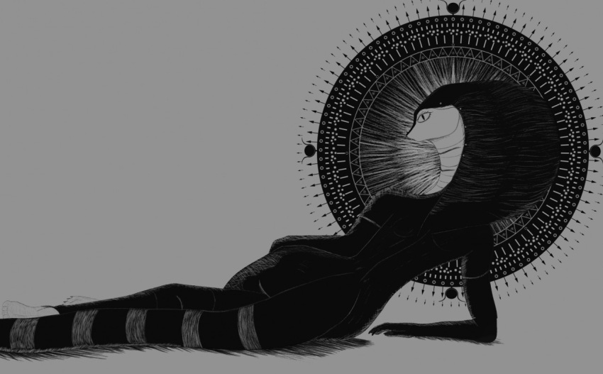 2020 anthro ass black_and_white black_arms black_body black_butt black_legs black_tail cobra digital_media_(artwork) eyelashes feet female grey_background leprzil long_tail looking_back lying monochrome nails on_ground on_side ornament pose pupils reptile scalie shadow simple_background slit_pupils snake solo tail toes white_body white_face white_sclera