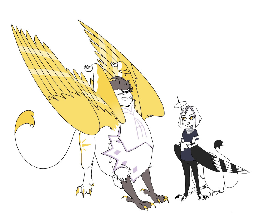 adam_(hazbin_hotel) angel angel_humanoid avian avian_taur clothed clothing duo feathered_wings feathers feet female ginrin_goshiki gryphon gryphon_taur halo hi_res humanoid lute_(hazbin_hotel) male mythological_avian mythological_creature mythology simple_background tail talons taur taurified toes white_background wings