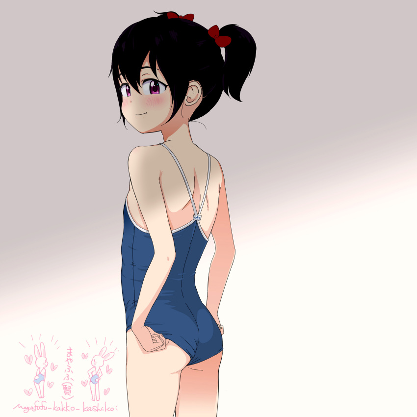 absurdres adjusting_clothes adjusting_swimsuit ass bare_arms bare_shoulders black_hair blue_one-piece_swimsuit blush bow closed_mouth female from_behind gradient_background grey_background hair_between_eyes hairbow highres looking_at_viewer looking_back mayafufu one-piece_swimsuit original purple_eyes red_bow school_swimsuit smile solo swimsuit twintails white_background