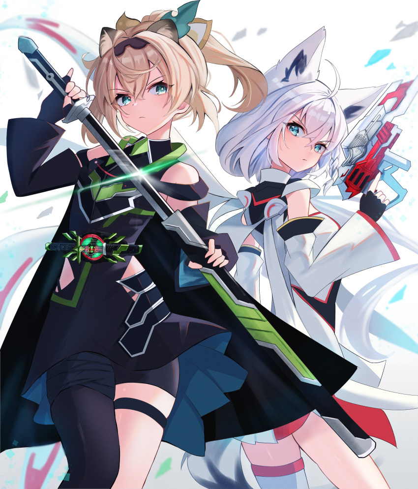 2girls absurdres alternate_costume animal_ears bare_shoulders black_dress black_sleeves blonde_hair blue_eyes blurry blurry_background boost_mark_ix_buckle bujinsword_buckle cosplay cowboy_shot desire_driver detached_sleeves dress energy_gun fingerless_gloves fox_ears fox_girl geats_buster_qb9 gloves gun high_ponytail highres holding holding_gun holding_sword holding_weapon hololive kamen_rider kamen_rider_geats kamen_rider_geats_(cosplay) kamen_rider_geats_(series) kamen_rider_geats_ix kamen_rider_geats_ix_(cosplay) kamen_rider_tycoon_bujinsword kamen_rider_tycoon_bujinsword_(cosplay) kazama_iroha lenna_charlotte_tycoon lenna_charlotte_tycoon_(cosplay) long_hair looking_at_another looking_back multiple_girls raccoon_ears raccoon_girl shirakami_fubuki soma443 sword virtual_youtuber weapon white_dress white_hair white_sleeves