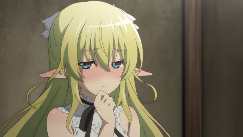 bare_shoulders black_ribbon blonde_hair blue_eyes blush choujin_koukousei-tachi_wa_isekai_demo_yoyuu_de_ikinuku_you_desu! close-up closed_mouth elf embarrassed female furrowed_brow hair_between_eyes hair_ribbon half-closed_eyes hand_on_own_chin highres indoors lilulu_(choyoyu) lips long_hair pointy_ears portrait ribbon solo upper_body very_long_hair yano_akane