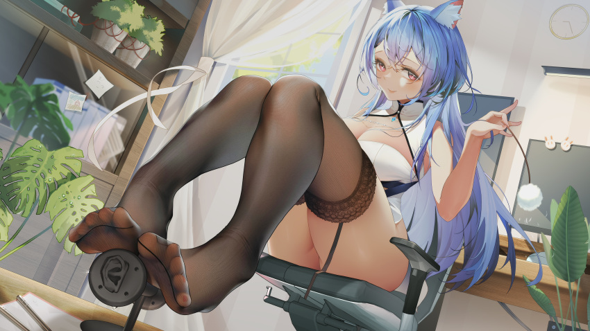 absurdres animal_ear_fluff animal_ears ass black_thighhighs blue_hair blush breasts clock closed_mouth commentary crossed_bangs desk dress feet female garter_straps hair_between_eyes highres indoors large_breasts leaf long_hair looking_at_viewer monitor no_shoes original plant potted_plant purple_eyes shelf sidelocks sitting smile soles solo swipe swivel_chair thighhighs thighs toes very_long_hair wall_clock weixiaoren white_dress