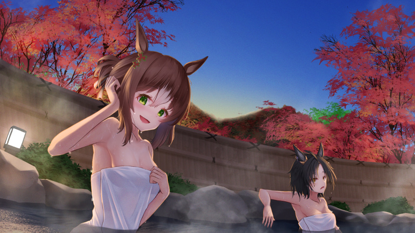 2girls air_shakur_(umamusume) animal_ears armpits bare_shoulders basil_yuzune bathing black_hair blue_sky breasts clover_hair_ornament commentary_request day ear_ornament ear_piercing fine_motion_(umamusume) hair_between_eyes hair_ornament highres horse_ears horse_girl lamp long_hair looking_at_viewer multicolored_hair multiple_girls naked_towel onsen outdoors partially_submerged piercing short_hair sky small_breasts steam streaked_hair towel umamusume upper_body water wet white_hair white_towel