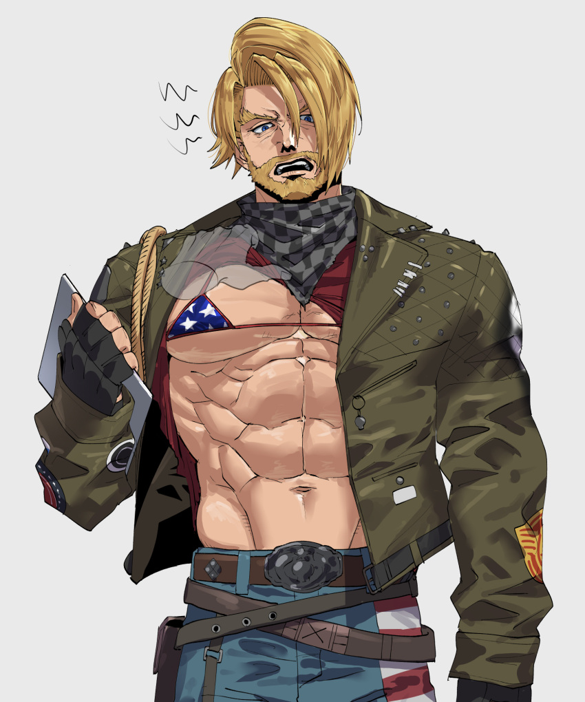 1boy 403fv abs american_flag american_flag_print bara bare_pectorals beard blonde_hair bra clothes_lift connected_beard cowboy_shot crossdressing denim disembodied_hand facial_hair fingerless_gloves flag_print full_beard gloves highres jeans large_pectorals lifting_another's_clothes male_focus mature_male muscular muscular_male nipples pants paul_phoenix pectorals print_bra shirt_lift shout_lines shredded_muscles solo_focus standing tekken tekken_6 thick_beard thick_eyebrows underwear