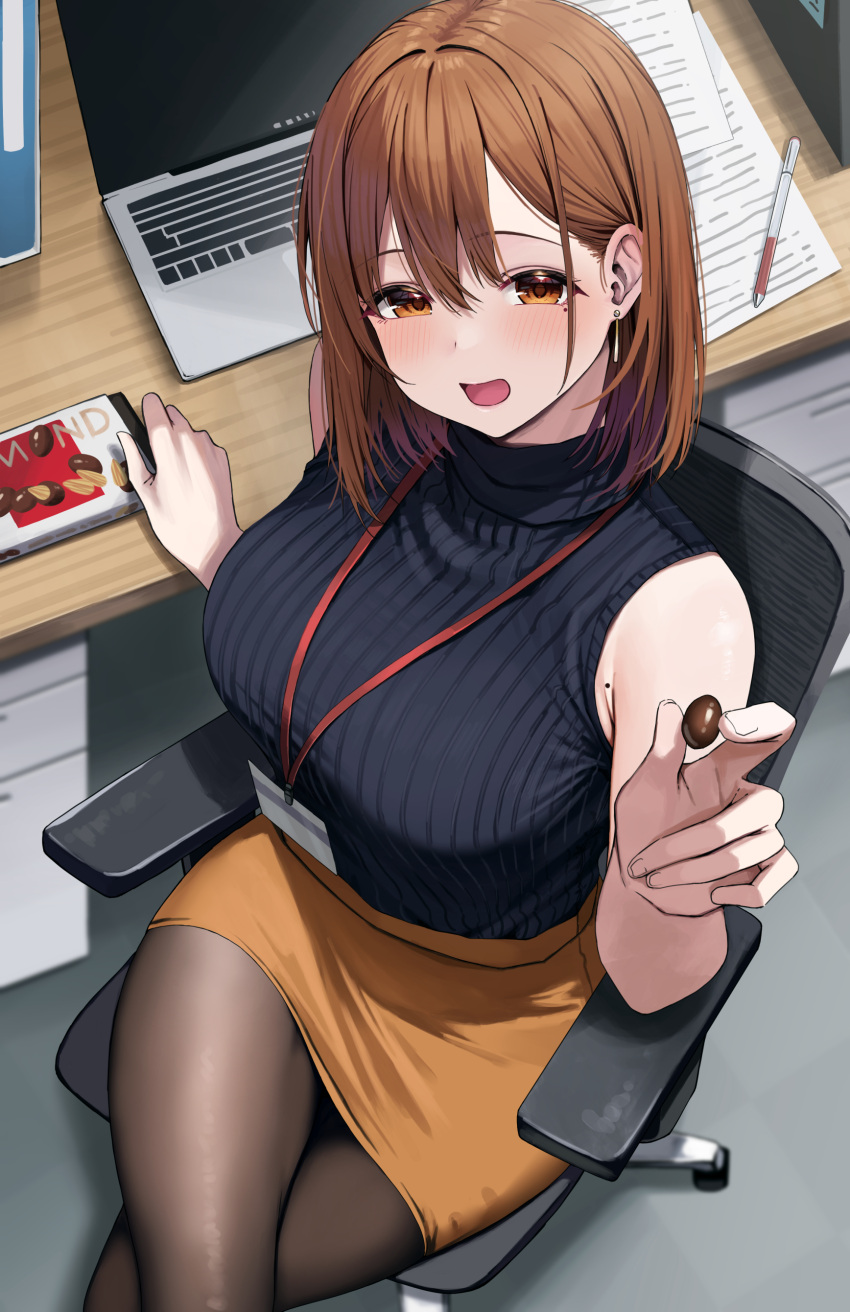 absurdres black_sweater blush breasts brown_hair brown_pantyhose chocolate_almond commentary_request computer crossed_legs drop_earrings earrings feet_out_of_frame female food highres holding holding_food incoming_food indoors jewelry lanyard laptop large_breasts looking_at_viewer mole mole_under_eye office_lady ol-chan_(udon) orange_skirt original pantyhose pen ribbed_sweater sitting skirt sleeveless sleeveless_sweater smile solo sweater sweater_tucked_in udon_(udonalium)