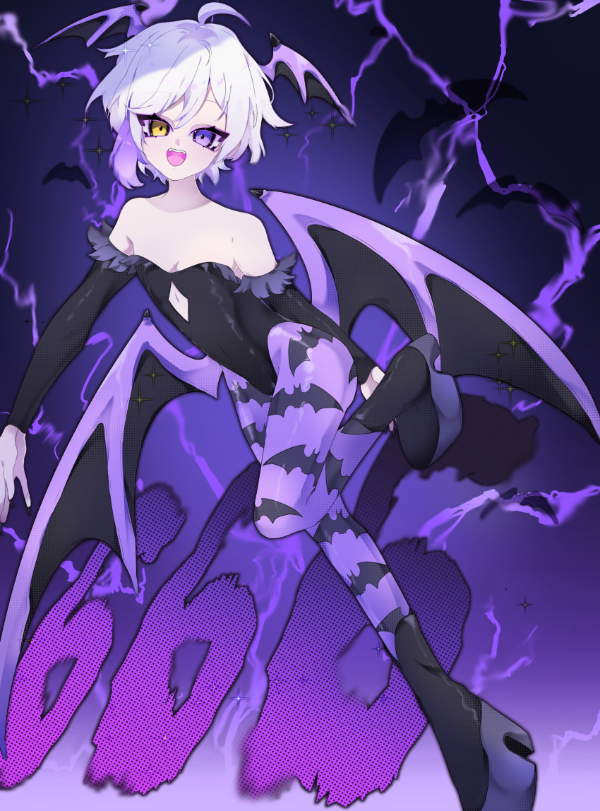 1boy 666 :d absurdres ahoge animal_print bare_shoulders bat_(animal) bat_print black_footwear black_leotard black_nails boots commentary cosplay demon_wings detached_sleeves english_commentary fangs fingernails full_body hair_between_eyes head_wings heterochromia highres indie_virtual_youtuber leotard lightning lilith_aensland lilith_aensland_(cosplay) long_sleeves looking_at_viewer male_focus mefelis_hex open_mouth otoko_no_ko pantyhose platform_boots platform_footwear platform_heels print_pantyhose purple_eyes purple_lightning purple_pantyhose second-party_source sharp_fingernails shiohh smile solo sparkle virtual_youtuber white_hair wings yellow_eyes