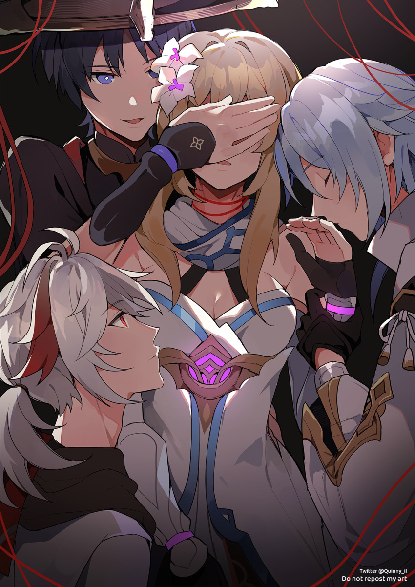 3boys black_hair blonde_hair blue_hair breasts closed_eyes dress female flower genshin_impact hair_between_eyes hair_flower hair_ornament hand_over_eye hat highres jingasa kaedehara_kazuha kamisato_ayato long_hair long_sleeves lumine_(genshin_impact) male_focus multicolored_hair multiple_boys open_mouth ponytail purple_eyes quinny_il red_eyes red_hair scaramouche_(genshin_impact) scaramouche_(shouki_no_kami)_(genshin_impact) short_hair smile streaked_hair white_dress white_hair