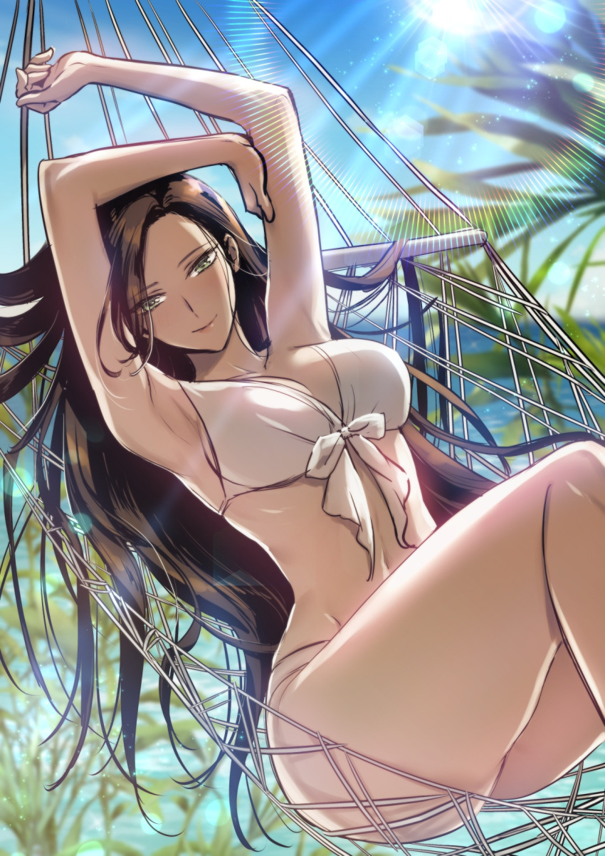 altair_(reincarnation_of_the_suicidal_battle_god) armpits arms_up bad_source bare_legs black_hair cheongdam closed_mouth female highres light_rays long_hair looking_at_viewer navel official_art on_hammock reincarnation_of_the_suicidal_battle_god smile solo sun swimsuit thighs water yellow_eyes