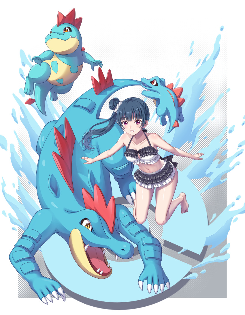 absurdres bikini birthday blue_hair breasts cleavage collarbone commentary_request croconaw crossover fangs female feraligatr grin highres love_live! love_live!_sunshine!! medium_breasts pink_eyes pokemon pokemon_(creature) smile swimsuit totodile tsukimi_seiya tsushima_yoshiko water yellow_eyes