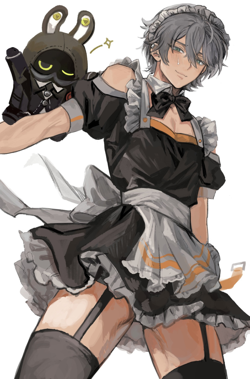 1boy absurdres alternate_costume apron bangboo_(zenless_zone_zero) black_bow black_bowtie black_dress black_thighhighs blue_eyes blush bow bowtie butler_(zenless_zone_zero) closed_mouth clothing_cutout crossdressing dress english_commentary enmaided frilled_dress frills garter_straps grey_hair highres looking_at_viewer maid maid_headdress male_focus mkz427 one_eye_closed short_sleeves shoulder_cutout simple_background star_(symbol) sweat thighhighs waist_apron white_background wise_(zenless_zone_zero) zenless_zone_zero