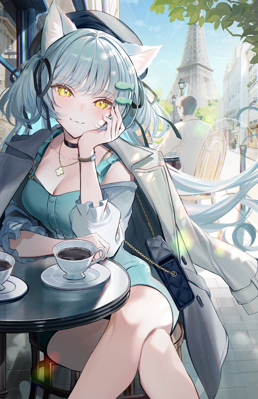 1boy animal_ears blush breasts cat_ears city cleavage crossed_legs cup day eiffel_tower faceless faceless_male female grey_hair hand_on_own_chin hat head_rest highres jacket jacket_on_shoulders kawachi_rin looking_at_viewer medium_breasts original outdoors sitting smile solo_focus two_side_up yellow_eyes