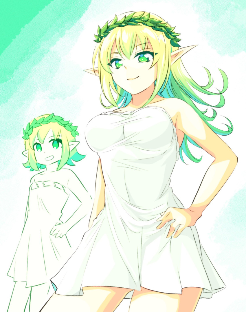 2girls aged_up alternate_breast_size arm_at_side bare_shoulders breasts commentary dress dual_persona flat_chest g-forest_goddess_(ishiyumi) gradient_hair green_eyes green_hair hand_on_own_hip highres ishiyumi laurel_crown long_hair long_pointy_ears multicolored_hair multiple_girls original pointy_ears short_dress short_hair strapless strapless_dress white_dress