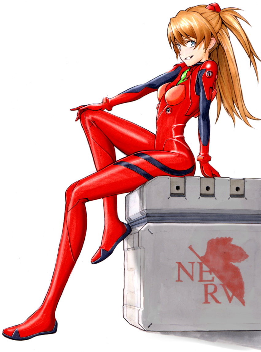 arm_support blue_eyes bodysuit box breasts commentary crate female from_side full_body grin hair_between_eyes hand_on_own_knee highres interface_headset knee_up long_hair looking_at_viewer looking_to_the_side neon_genesis_evangelion nerv on_box pilot_suit plugsuit rebuild_of_evangelion red_bodysuit red_hair sayamiya science_fiction simple_background sitting sitting_on_box small_breasts smile solo souryuu_asuka_langley two_side_up white_background