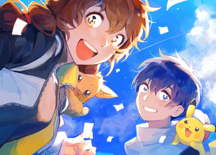 1boy 43_pon :d bad_id bad_twitter_id baseball_cap blue_eyes blue_hair blue_sky brown_hair clothed_pokemon cloud commentary confetti eevee female gotcha! gotcha!_boy_(pokemon) gotcha!_girl_(pokemon) grin hat highres jacket long_hair looking_at_viewer on_shoulder open_mouth outdoors pikachu pokemon pokemon_(creature) pokemon_on_shoulder sky smile tied_hair twintails