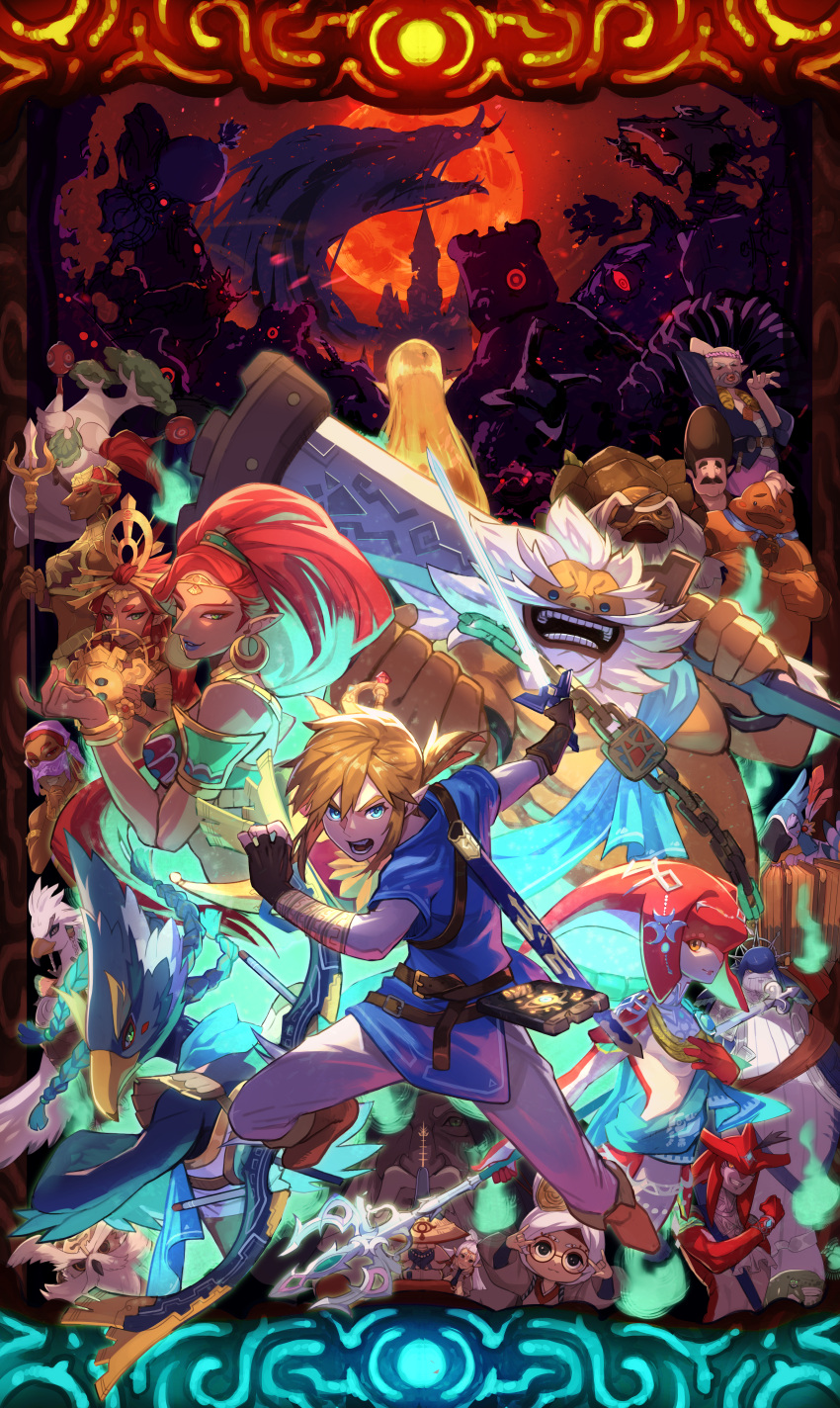 6+boys 6+girls absurdres bow_(weapon) champion's_tunic_(zelda) daruk everyone ganon gerudo goron guardian_(zelda) hestu highres impa kass link lynel master_sword mipha monster multiple_boys multiple_girls open_mouth paya_(zelda) polearm princess_zelda purah revali rhoam_bosphoramus_hyrule riju rito sheikah sheikah_slate shield sidon spear sword teba_(zelda) the_legend_of_zelda the_legend_of_zelda:_breath_of_the_wild trident uedrk_yamato urbosa weapon yunobo zora