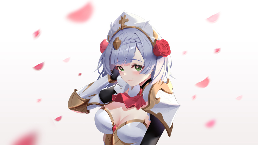 absurdres adjusting_hair armor blush braid breasts cleavage closed_mouth commentary falling_petals female flower genshin_impact green_eyes grey_hair hair_flower hair_ornament hand_in_own_hair highres looking_at_viewer maid_headdress medium_breasts noelle_(genshin_impact) petals rose short_hair shoulder_armor simple_background smile solo song_song_huashi upper_body white_background