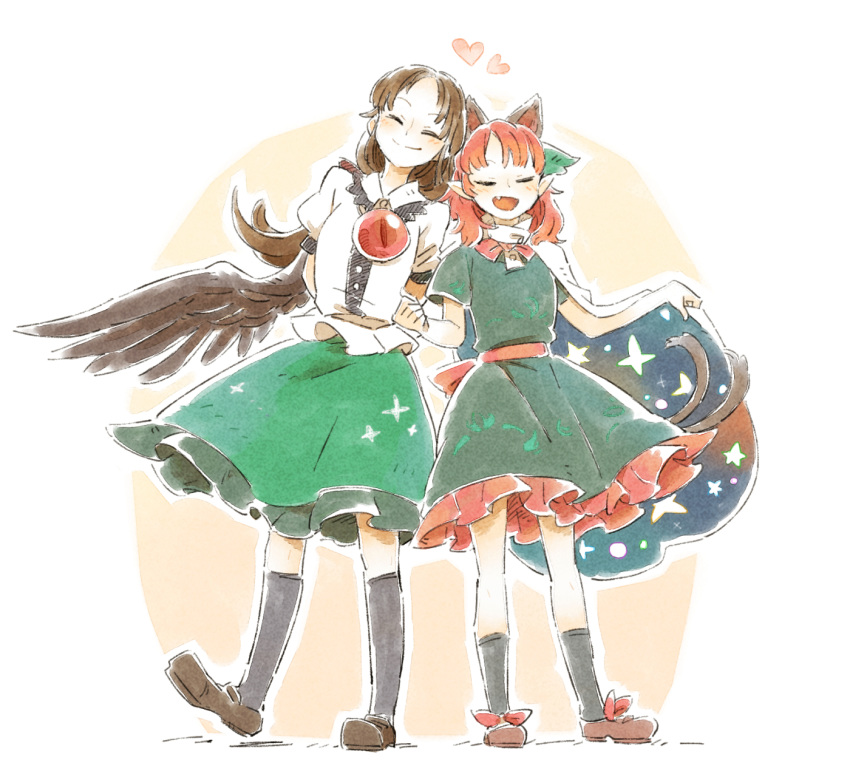 2girls alternate_hairstyle animal_ears arms_behind_back black_socks black_wings borrowed_clothes bow bowtie brown_footwear brown_hair cape cat_ears cat_tail clenched_hand closed_eyes dress extra_ears feathered_wings full_body green_bow green_dress green_skirt heart highres kaenbyou_rin long_hair multiple_girls multiple_tails nekomata oerba_yun_fang open_mouth pointy_ears red_hair reiuji_utsuho shirt side-by-side skirt smile socks star_(symbol) starry_sky_print tail third_eye touhou two_tails white_shirt wings ziro_(daydozen)