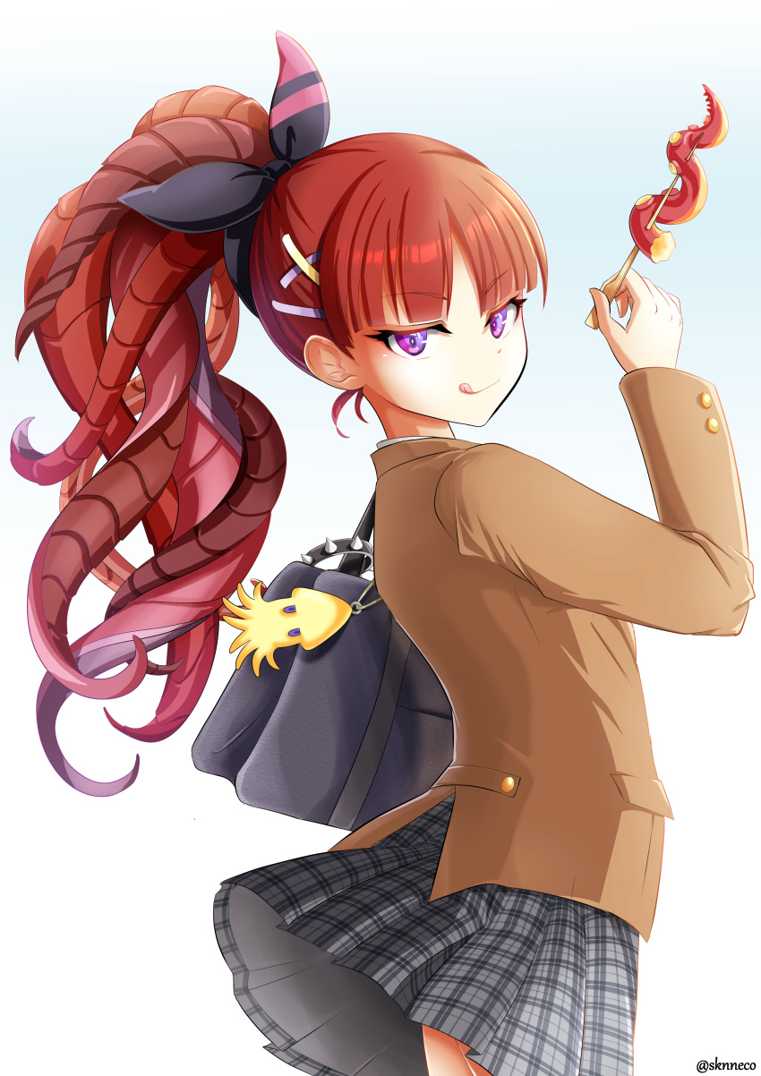 absurdres azathoth_(monster_strike) female highres monneko monster_strike ponytail purple_eyes red_hair school_uniform simple_background skirt solo tentacle_hair