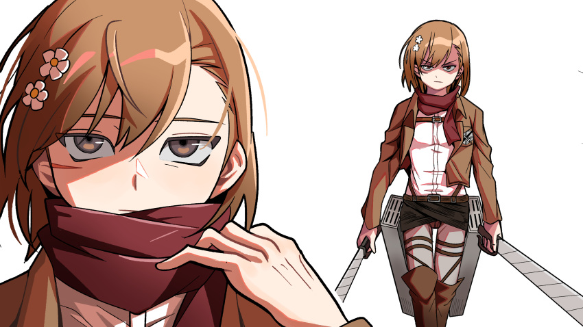 brown_eyes brown_footwear brown_hair brown_jacket cosplay dydanswls flower hair_flower hair_ornament highres holding holding_sword holding_weapon jacket mikasa_ackerman mikasa_ackerman_(cosplay) misaka_mikoto name_connection shingeki_no_kyojin shirt sword toaru_kagaku_no_railgun toaru_majutsu_no_index uniform weapon white_shirt