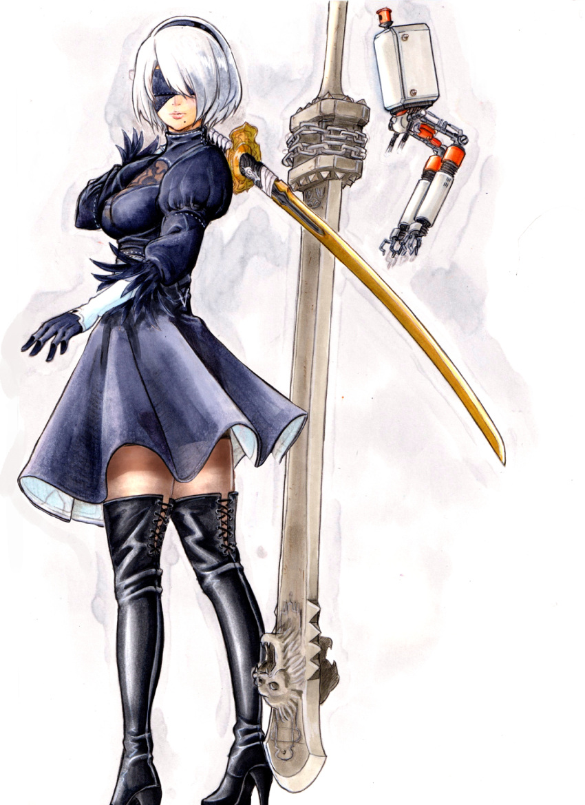 2b_(nier:automata) ass black_blindfold black_dress black_gloves black_hairband blindfold bob_cut boots chains cleavage_cutout clothing_cutout commentary dress female from_behind full_body gloves greatsword hair_over_one_eye hairband high_heel_boots high_heels highres holding holding_sword holding_weapon katana lace lips mechanical_arms mole mole_under_mouth nier:automata nier_(series) over_shoulder puffy_sleeves robot sayamiya see-through see-through_legwear short_hair solo standing sword thigh_boots thighhighs thighhighs_under_boots weapon weapon_over_shoulder white_background white_hair