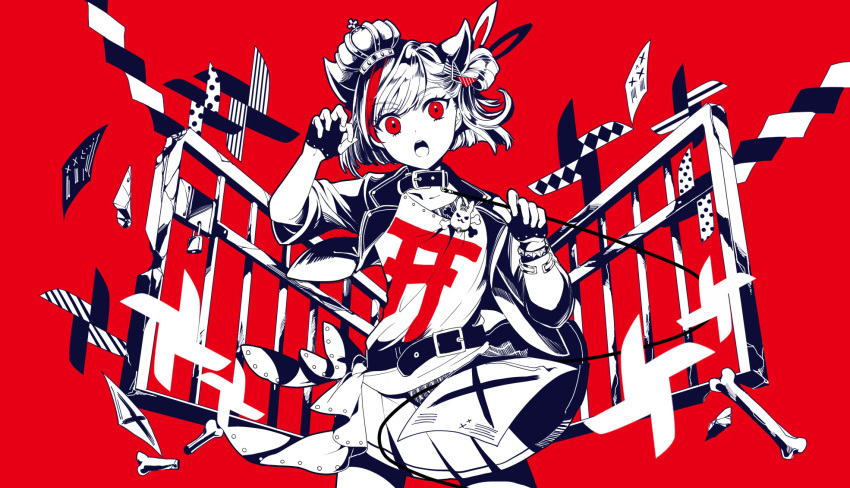 bati15 belt bone collar cowboy_shot crown female fence fingerless_gloves gloves greyscale_with_colored_background highres jacket limited_palette lock looking_at_viewer official_art open_mouth prismplus red_background red_eyes red_theme ruma_(vocaloid) shirt shirt_tucked_in skirt solo spot_color tenjin_kotone torii virtual_youtuber white_shirt