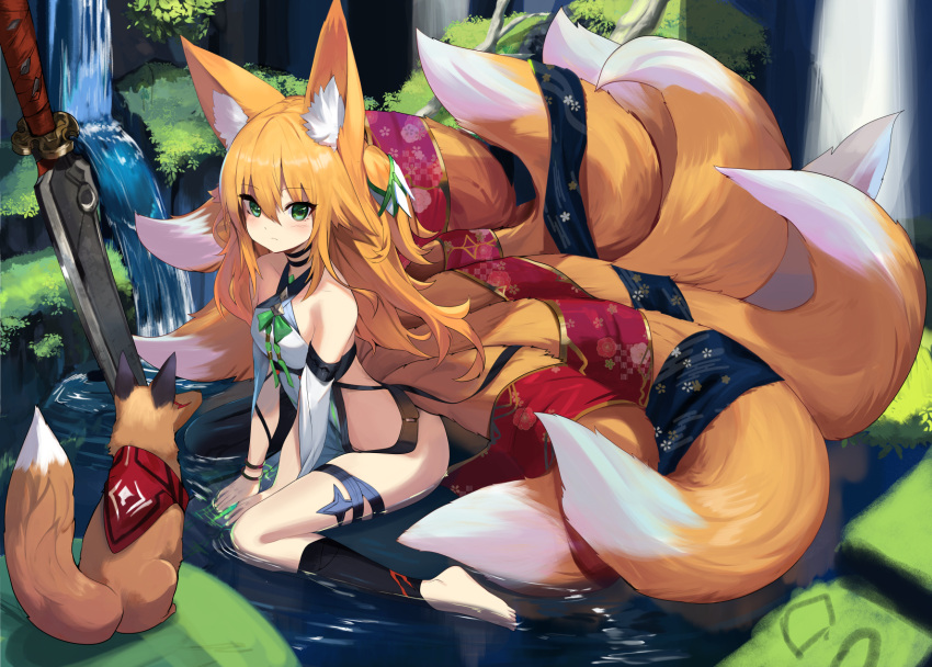 animal_ear_fluff animal_ears bare_shoulders barefoot between_legs blonde_hair dress female fox fox_ears fox_girl fox_tail green_eyes highres kitsune kokonoe_tsubaki kyuubi long_hair looking_at_viewer multiple_tails one_side_up original planted planted_sword sideless_outfit sitting solo sword tail thighs wariza water weapon white_dress yoshizawa_tsubaki