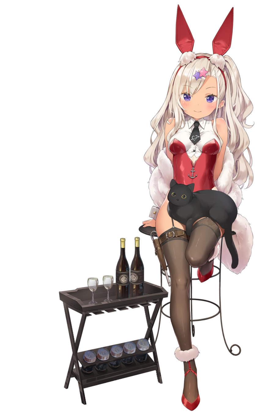 animal animal_ears archerfish_(azur_lane) archerfish_(coquettish_bunny)_(azur_lane) azur_lane bare_shoulders bird black_thighhighs blonde_hair bottle breasts chick closed_mouth cocktail_glass cup drinking_glass fake_animal_ears feather_boa feline female garter_straps hairband highleg highleg_leotard highres kani_biimu leg_up leotard long_hair looking_at_viewer manjuu_(azur_lane) medium_breasts necktie off_shoulder official_alternate_costume official_art one_side_up playboy_bunny purple_eyes rabbit_ears red_footwear red_leotard shoes short_necktie sitting smile solo stool tan tanlines thighhighs thighs transparent_background wavy_hair wing_collar