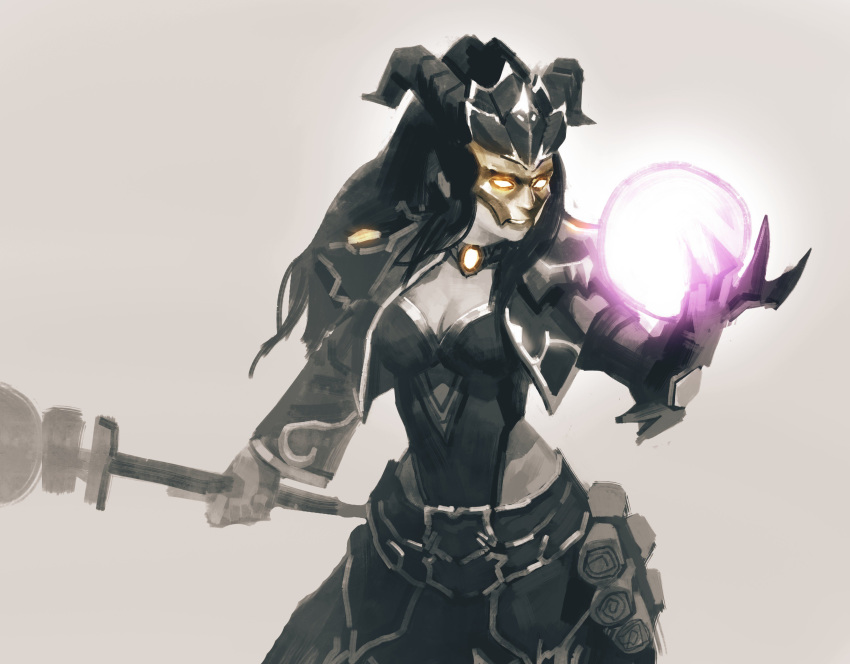 absurdres armor black_hair boobplate breastplate breasts cleavage commentary_request covered_face cowboy_shot diablo_(series) diablo_3 female glowing glowing_eyes gogalking hand_up highres holding holding_staff horns jacket korean_commentary leotard li-ming long_hair long_sleeves magic mask open_clothes open_jacket skirt solo staff